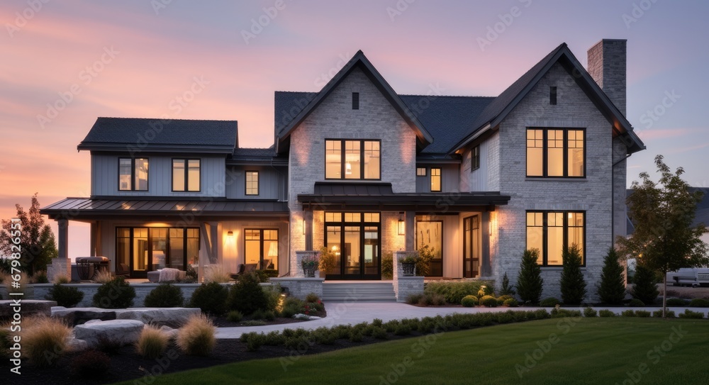 House at Dusk with a Modern Farmhouse Design Featuring Stone and Brick Exterior, Architectural Windows, and Beautiful Landscaping