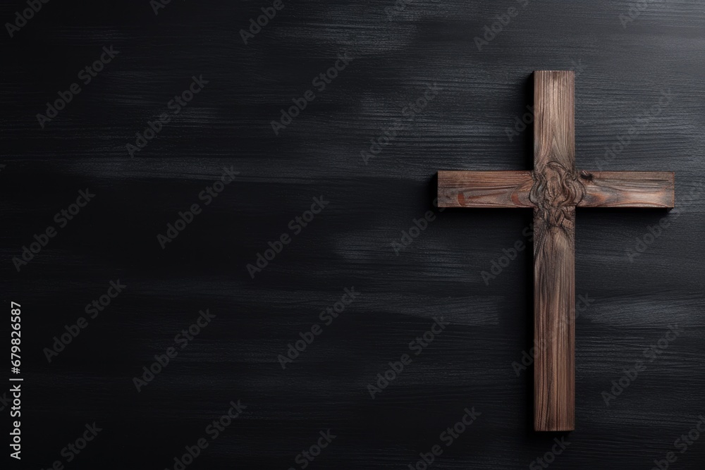 Wooden Cross on Black Background: A Funeral Concept for Sorrowful Cemetery. Commemorating Death, Mourning, and Grieved ones