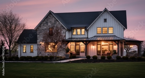 House at Dusk - Modern Farmhouse Design with Stone and Brick Accents, Beautiful Architectural Landscaping, and Front Night View © AIGen