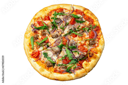 ready pizza with meat, onions and herbs, isolated on white background