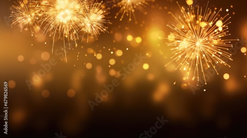 Gold Party Fireworks Celebration. Spectacular Golden Firework Display for New Year 2024, 4th of July Summer Festival and National Holidays photo