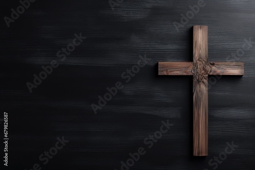 Wooden Cross on Black Background: A Funeral Concept for Sorrowful Cemetery. Commemorating Death, Mourning, and Grieved ones