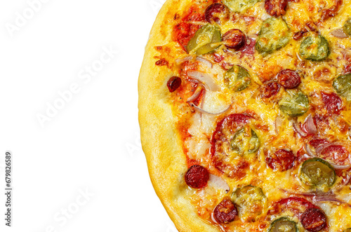 Ready baked pizza, on a wooden kitchen wheel, isolated on a white background