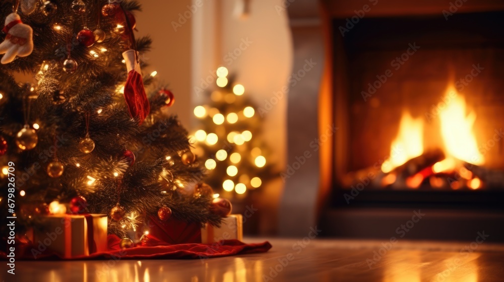 Close-Up of Christmas Tree by Burning Fireplace. Holiday Home Decor with Beautifully Lit Tree, Balls and Blurred Flames in Background