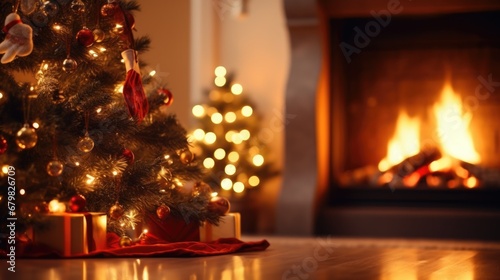 Close-Up of Christmas Tree by Burning Fireplace. Holiday Home Decor with Beautifully Lit Tree  Balls and Blurred Flames in Background