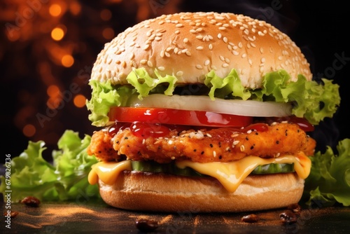 Grilled Chicken Burger with Fresh Vegetables. Delicious Burger on Bun with Juicy Meat and Tasty Fillings Perfect for a Meal on Any Background