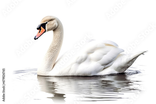 White swan swimming on water on white background