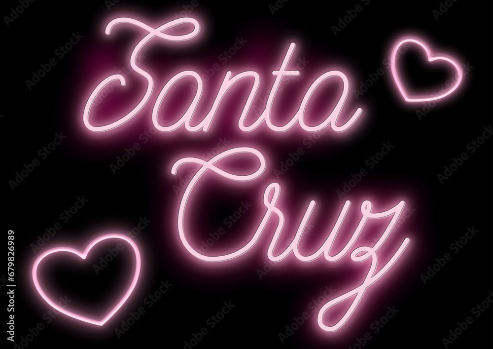 Santa cruz and  hearts -city name -  neon tubular writing - pink color - black background changeable to other colors or transparent - ideal for menus, photos, boxes, advertising, presentations - obrazy, fototapety, plakaty 