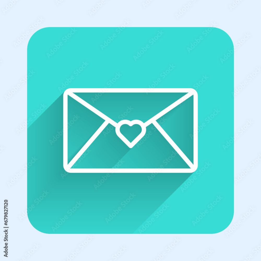 White line Envelope with Valentine heart icon isolated with long shadow background. Message love. Letter love and romance. Green square button. Vector White line Envelope with Valentine heart icon isolated with long shadow background. Message love. Letter love and romance. Green square button. Vector