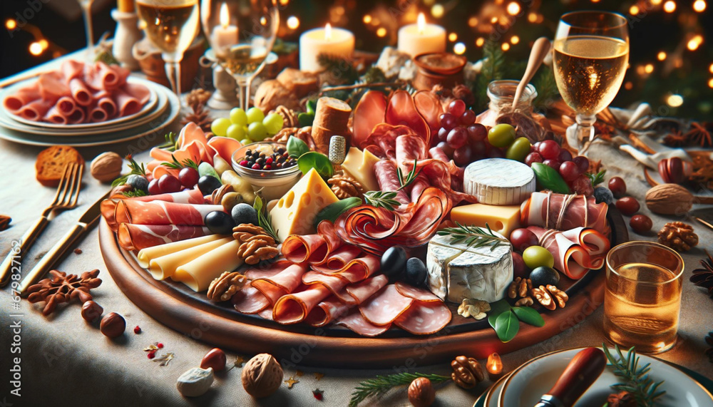 charcuterie board with meats and cheeses on festive dinner table charcuterie board with meats and cheeses on festive dinner table
