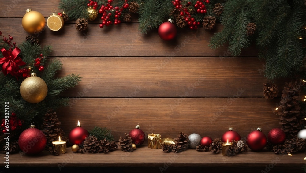 Festive Holiday Cheer on Rustic Wood Background with Adorned Pine Cones Festive Holiday Cheer on Rustic Wood Background with Adorned Pine Cones