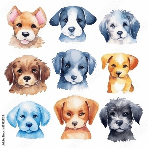set cute dog of watercolors on white background
