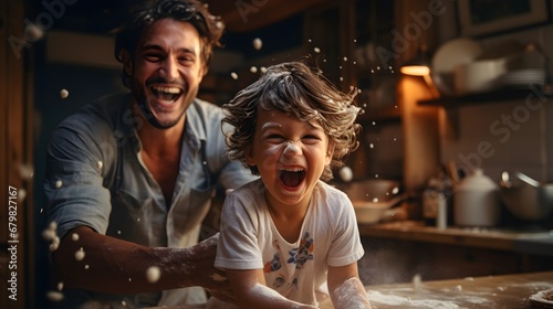 Joyful Baking Moments: Child and Father Laughing While Playing with Flour in the Kitchen