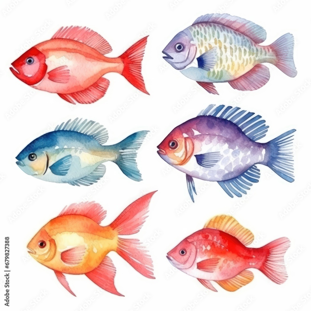 set colorful fish of watercolors on white background