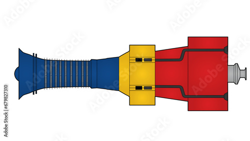 Color line drawing showing a grey aero-derivative gas turbine with variable inlet guide vanes
