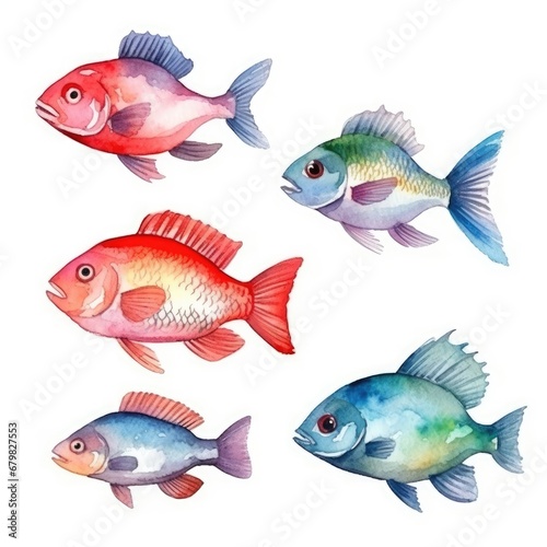 set colorful fish of watercolors on white background