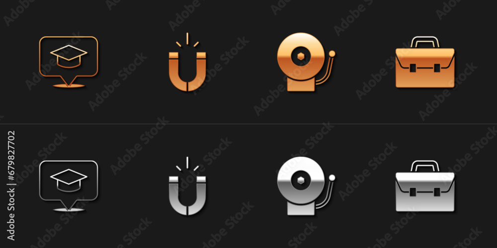 Set Graduation cap in speech bubble, Magnet, Ringing alarm bell and Briefcase icon. Vector Set Graduation cap in speech bubble, Magnet, Ringing alarm bell and Briefcase icon. Vector