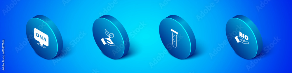 Set Isometric DNA symbol, Test tube and flask, Bio healthy food and Plant in hand icon. Vector Set Isometric DNA symbol, Test tube and flask, Bio healthy food and Plant in hand icon. Vector