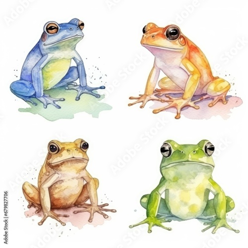 set colorful frogs of watercolors on white background