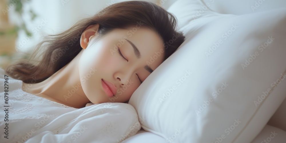 AI Generated. AI Generative. Woman female girl sleeping napping on a white blanket bed pillow close up face portrait. Graphic Art AI Generated. AI Generative. Woman female girl sleeping napping on a white blanket bed pillow close up face portrait. Graphic Art