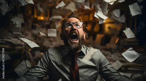 Corporate Burnout: Man Overwhelmed and Screaming Amongst a Whirlwind of Flying Papers