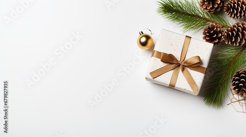 Christmas composition with blessing boxes, fir branches, pine cones and beautifications on a white foundation. level lay, copy-space. merry christmas and happy new year © Elshad