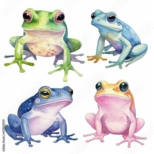 set colorful frogs of watercolors on white background