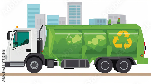 a green garbage truck in the city, vector style, cartoon details  photo