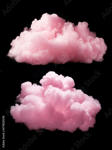Set of two realistic pink clouds isolated on black background
