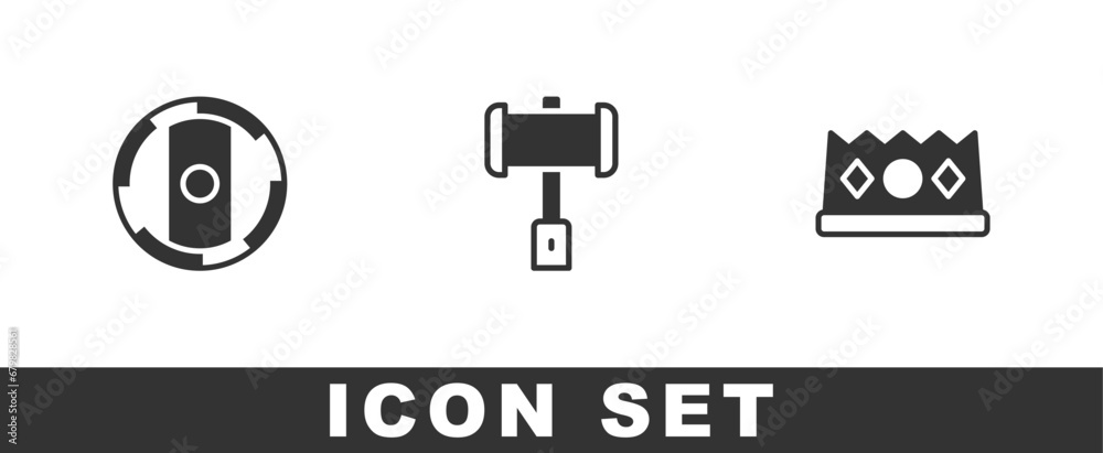 Set Shield viking, Battle hammer and King crown icon. Vector Set Shield viking, Battle hammer and King crown icon. Vector