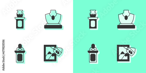 Set Auction painting, ancient vase, auctioneer sells and jewelry sale icon. Vector