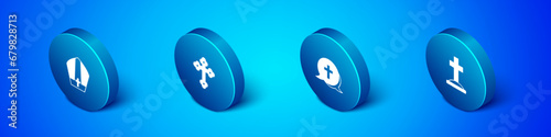 Set Isometric Pope hat, Christian cross, Grave with and icon. Vector