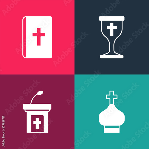 Set pop art Christian church tower, Church sermon tribune, chalice and Holy bible book icon. Vector