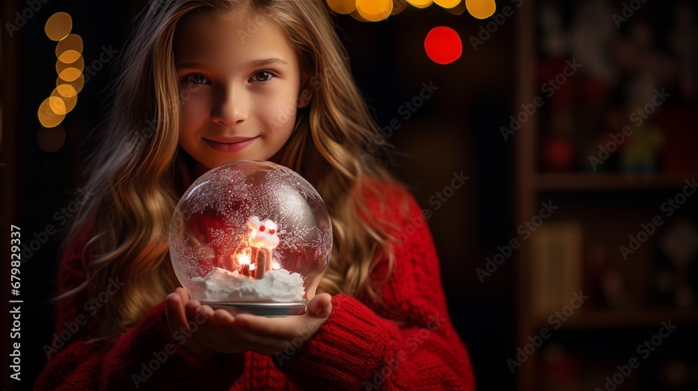 Naklejka premium Araffe young lady in ruddy sweater holding a snow globe with a teddy bear