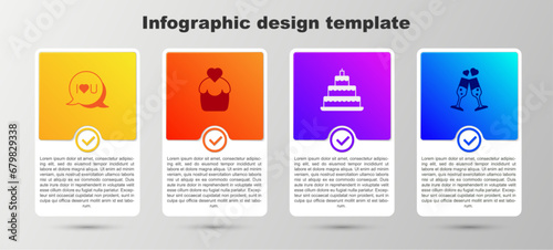 Set Speech bubble text I love you, Wedding cake, and Glass of champagne. Business infographic template. Vector