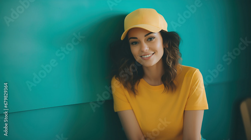 Smiling young woman at the teal wall, beautiful realistic ai