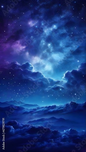 Light blue gradient mystical sky with clouds and stars phone background wallpaper, ai generated