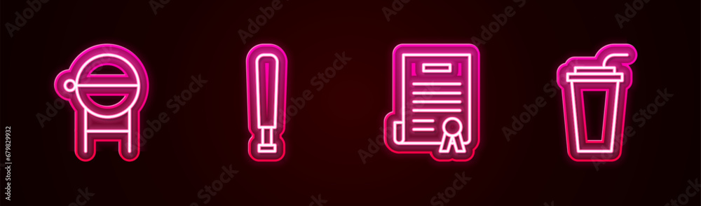 Set line Barbecue grill, Baseball bat, Declaration of independence and Paper glass with straw. Glowing neon icon. Vector Set line Barbecue grill, Baseball bat, Declaration of independence and Paper glass with straw. Glowing neon icon. Vector