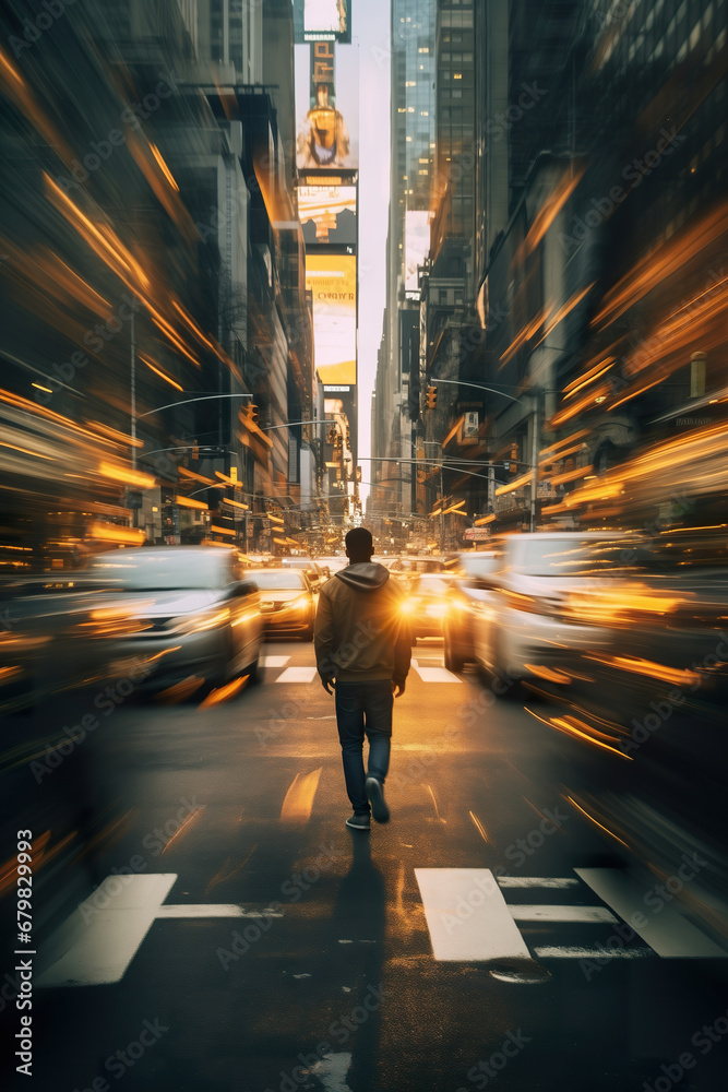 Rear view of a male person walking at the city street, blurred motion, double exposure style