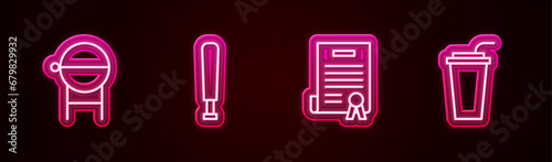 Set line Barbecue grill, Baseball bat, Declaration of independence and Paper glass with straw. Glowing neon icon. Vector