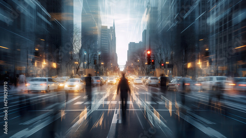 Rear view of a male person walking at the city street, blurred motion, double exposure style