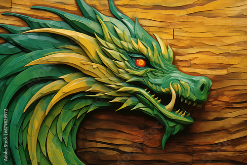 Green wooden asian dragon on green background  placeholder and copy space  