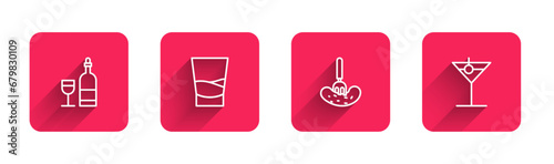 Set line Wine bottle with glass, Glass of vodka, Pickled cucumber on fork and Martini with long shadow. Red square button. Vector