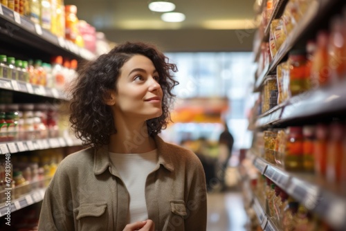 Woman Contemplating Food Choices in a Well-Stocked Grocery Store Aisle Generative AI