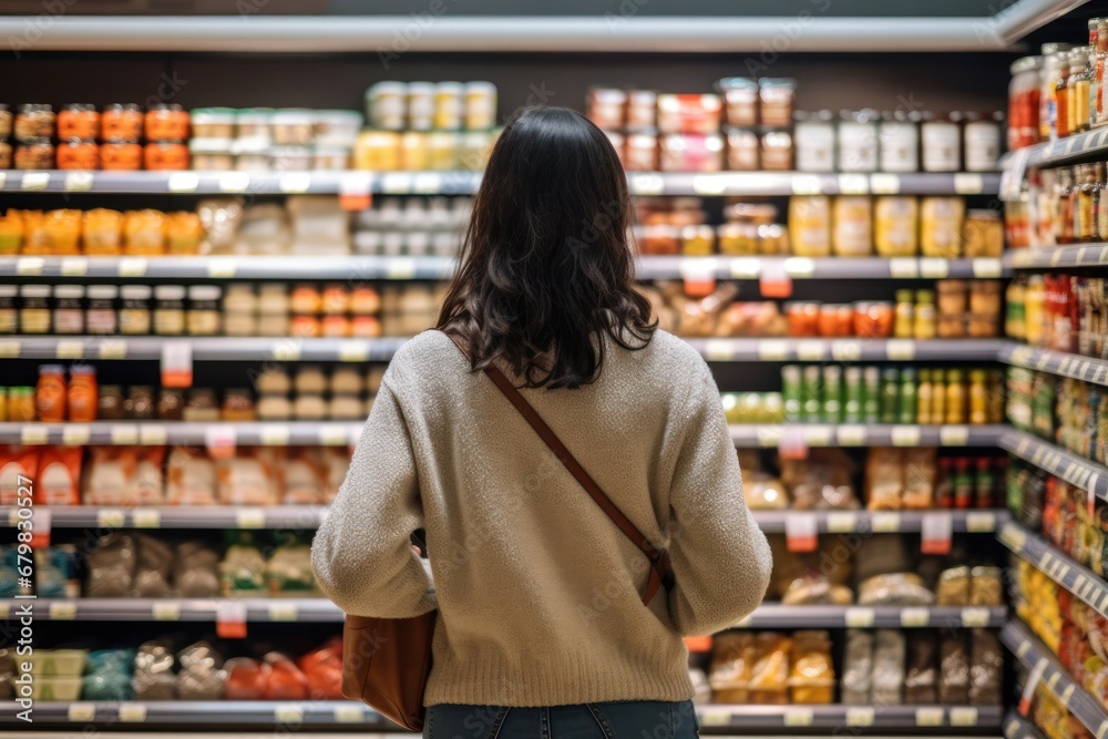 Woman Contemplating Choices in the Grocery Aisle Generative AI