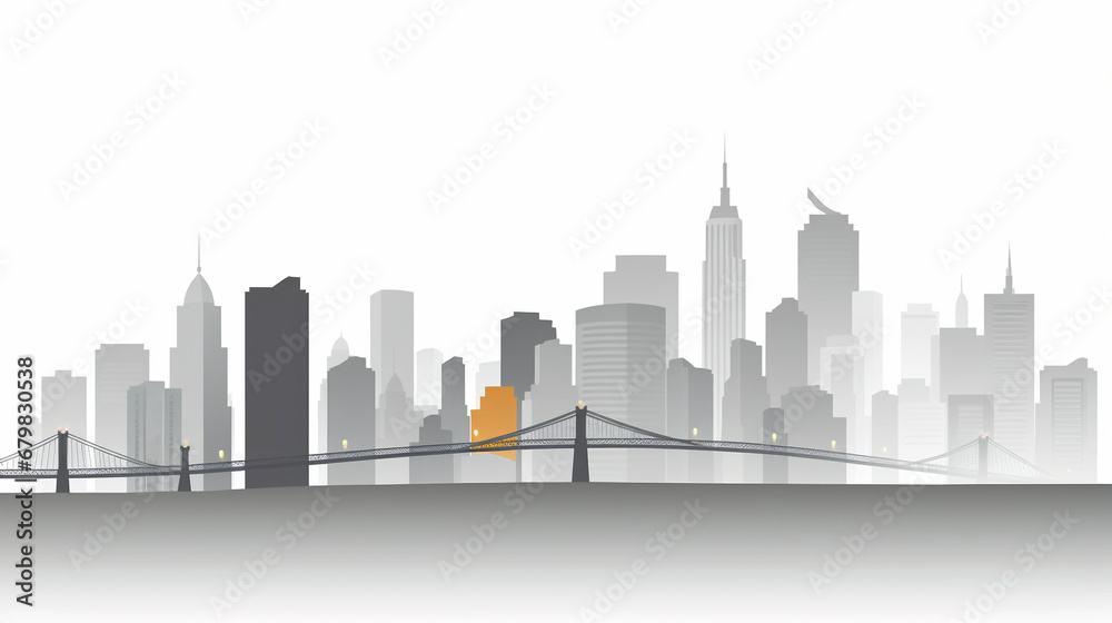 Greyscale Cityscape, animated vector style, future city concept. wide framing, orange highlighted building