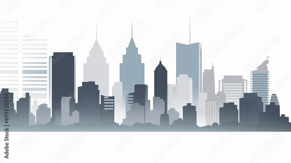 Greyscale Cityscape, animated vector style, future city concept. wide framing, blue color pallet 