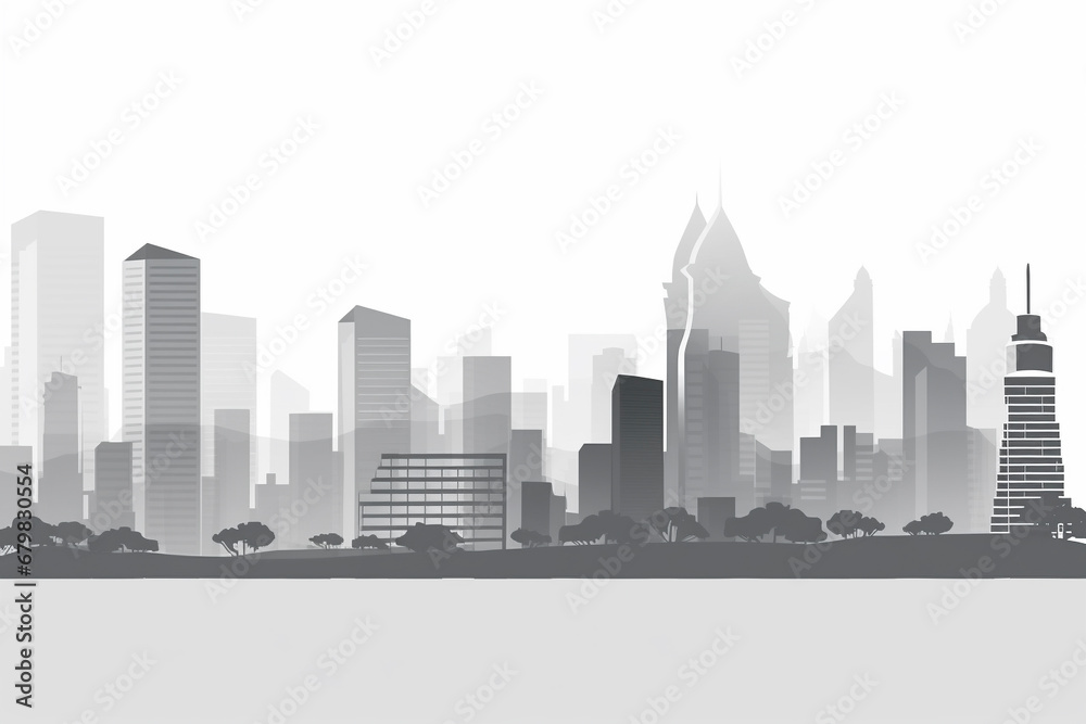 Greyscale Cityscape, animated vector style, future city concept. wide framing