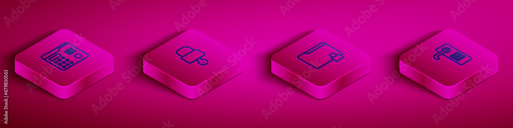Set Isometric line House intercom system, Lock and key, Folder lock and Digital door icon. Vector Set Isometric line House intercom system, Lock and key, Folder lock and Digital door icon. Vector