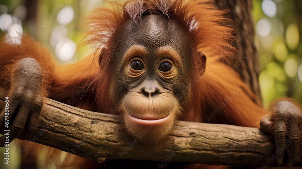 An orangutan hanging on a tree branch with its eyes wide open
